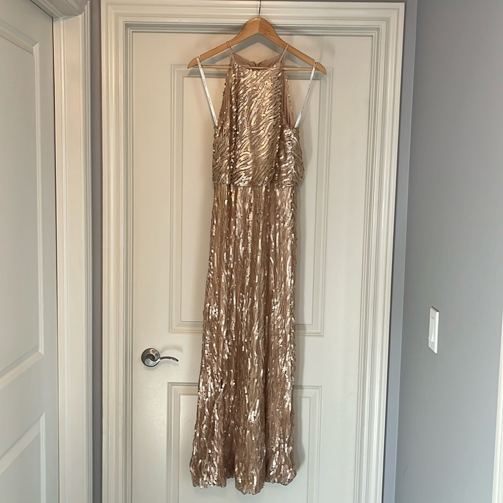 Size 6, Donna Morgan for BHLDN, rose gold, full length, sequin dress